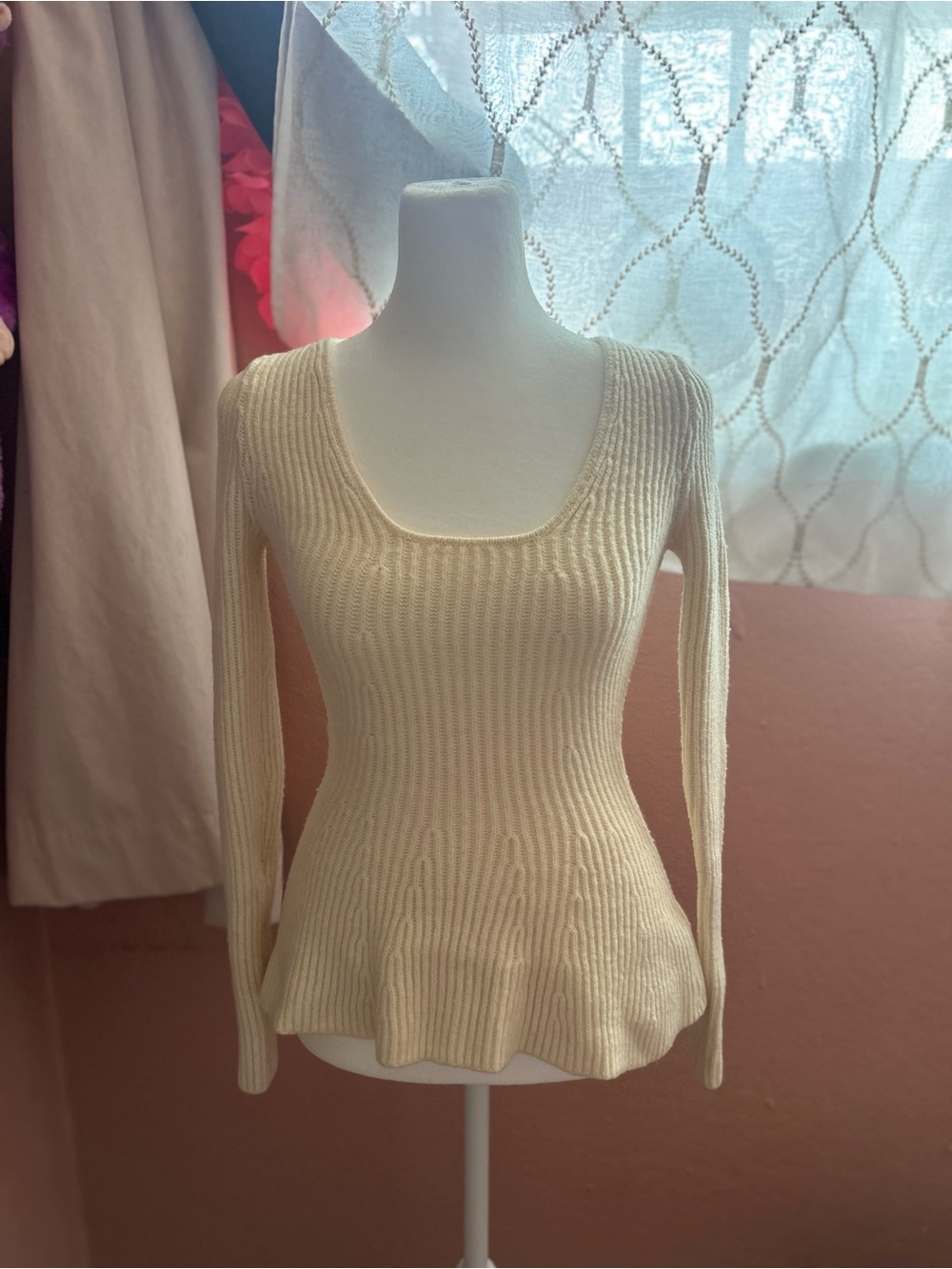 H&M Cream Scoop-Neck Ribbed Peplum Sweater